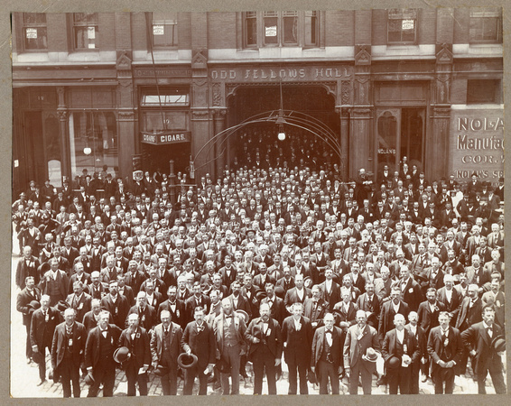 Group portrait of Odd Fellows in front of hall, c. 1915 (1997-300-2684)